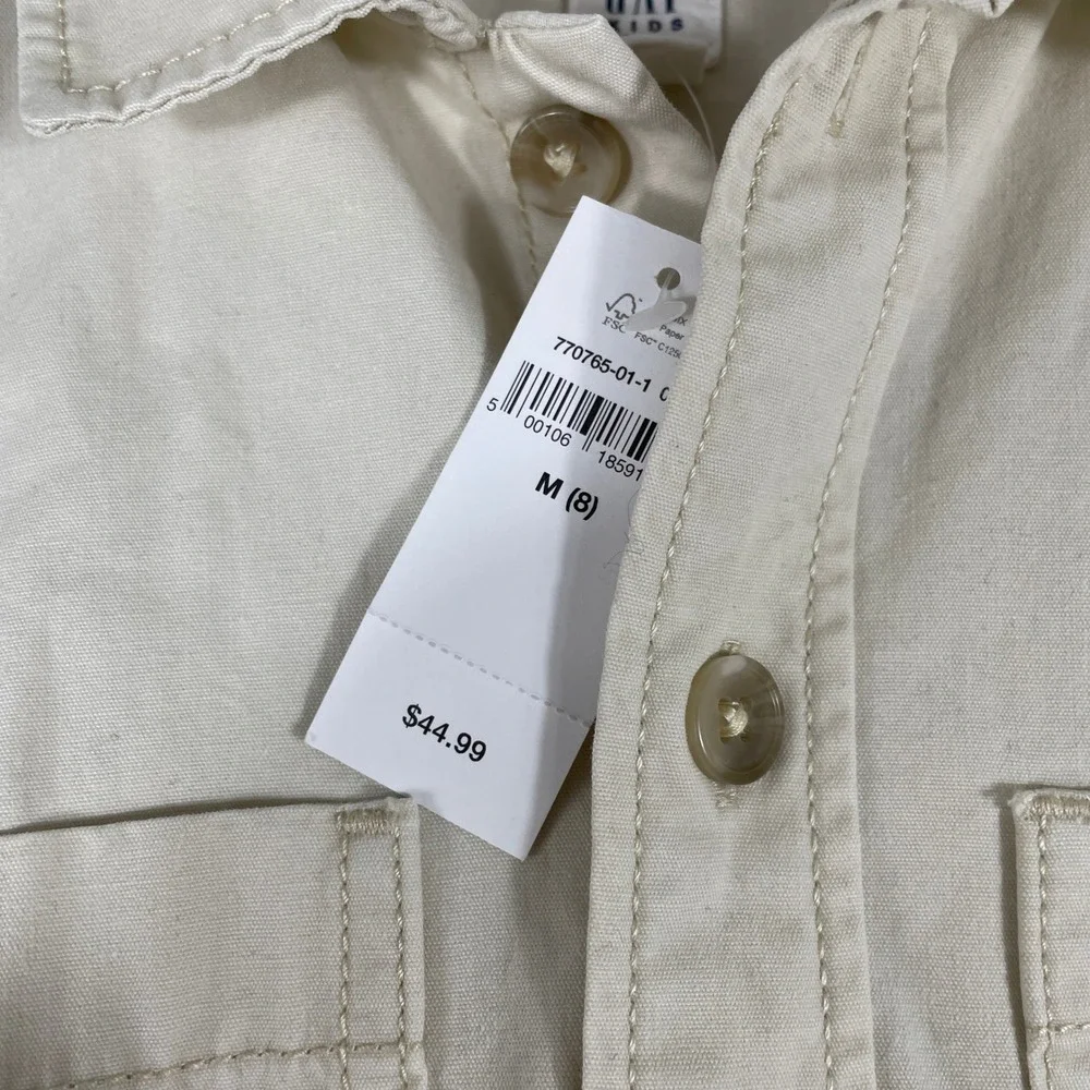 Gap Kids Button‎ Up Shirt Youth Medium 8 Cream Utility Workwear Overshirt
